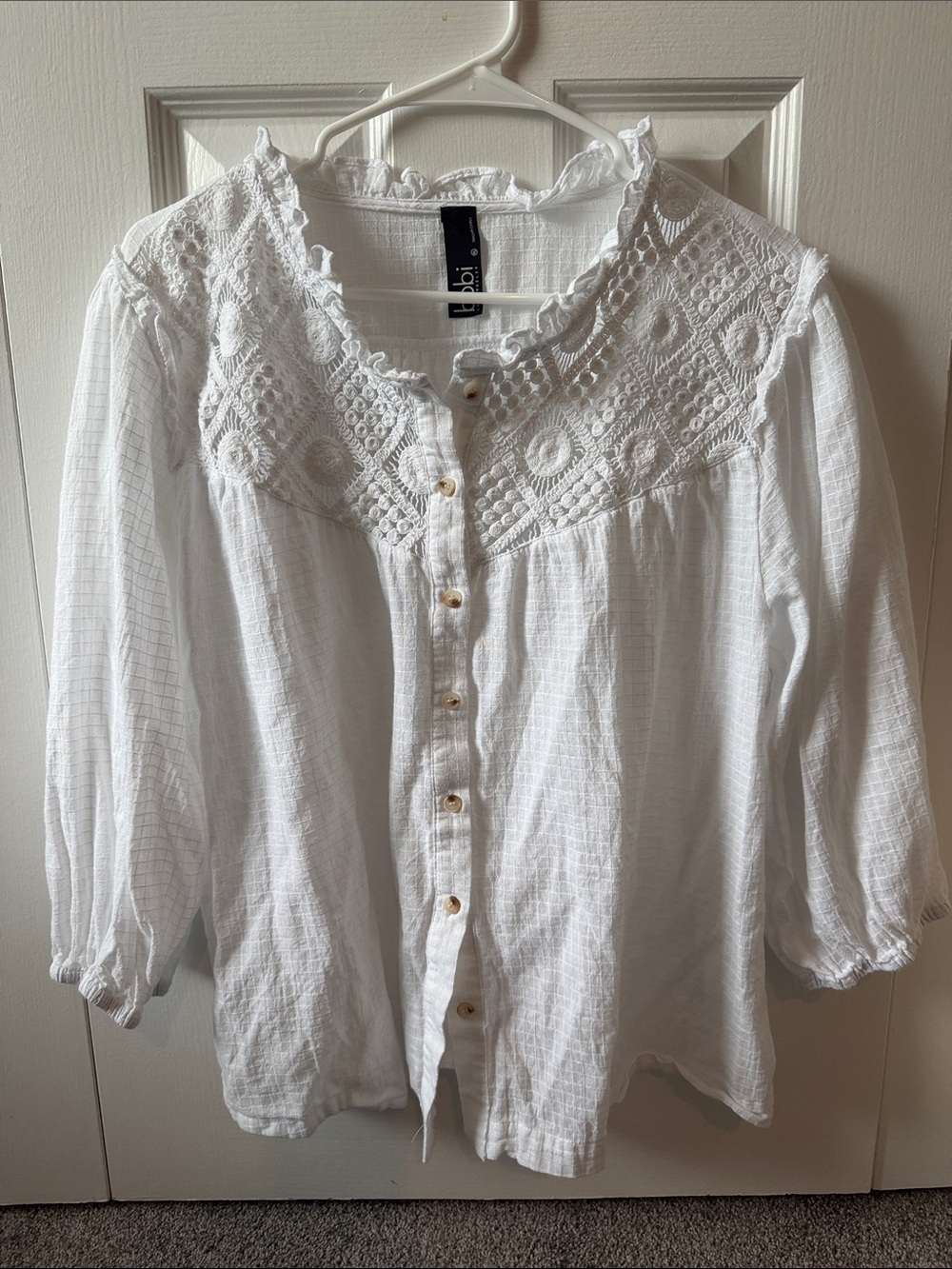 bobi White Crochet Yoke Button-Down Top
